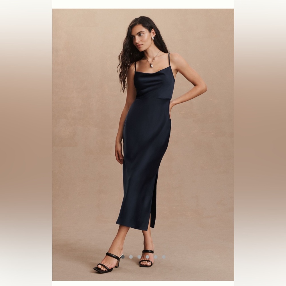 BHLDN Cali Satin Cowl-Neck Midi Slip in Midnight NWT, Size 6 Never been worn